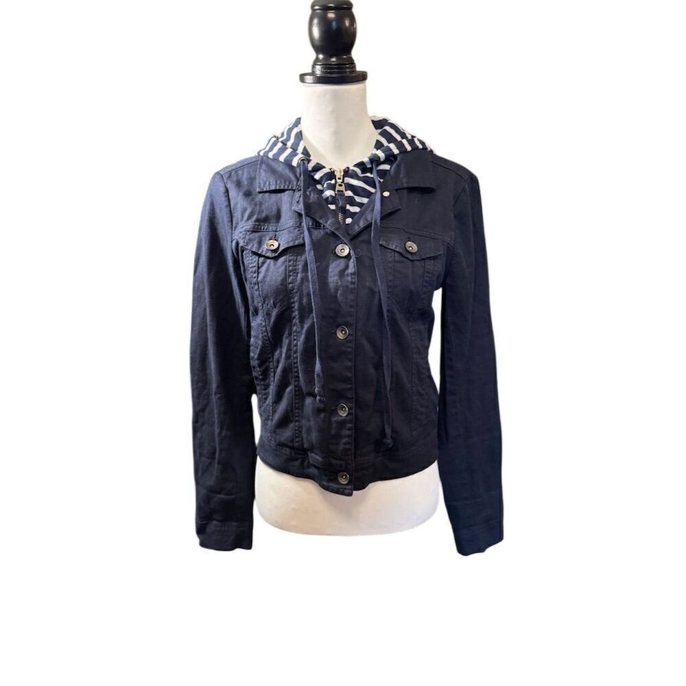Splendid Women's Blue Denim Jacket Striped Hood. Size Small.